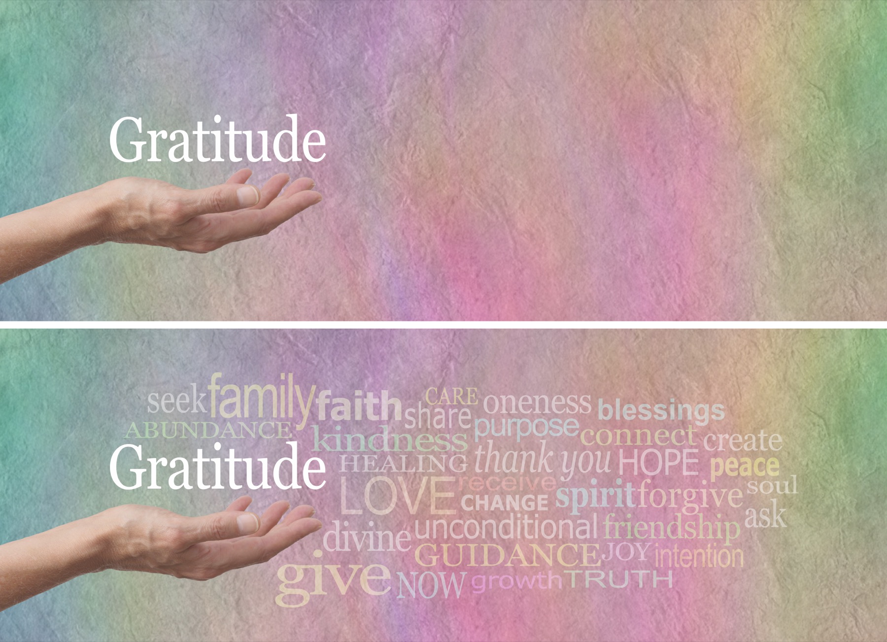An open hand beneath the word Gratitude, surrounded by words including kindness, love, hope, and friendship on a pastel background.