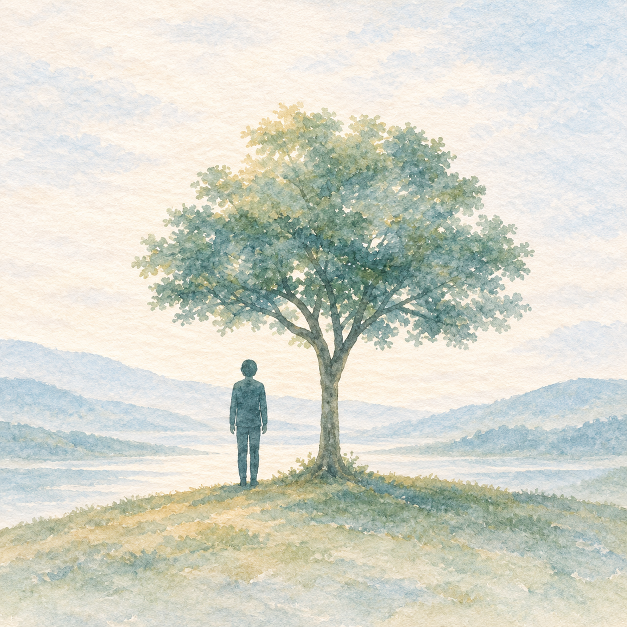 Watercolor illustration of a person standing beside a leafy tree.